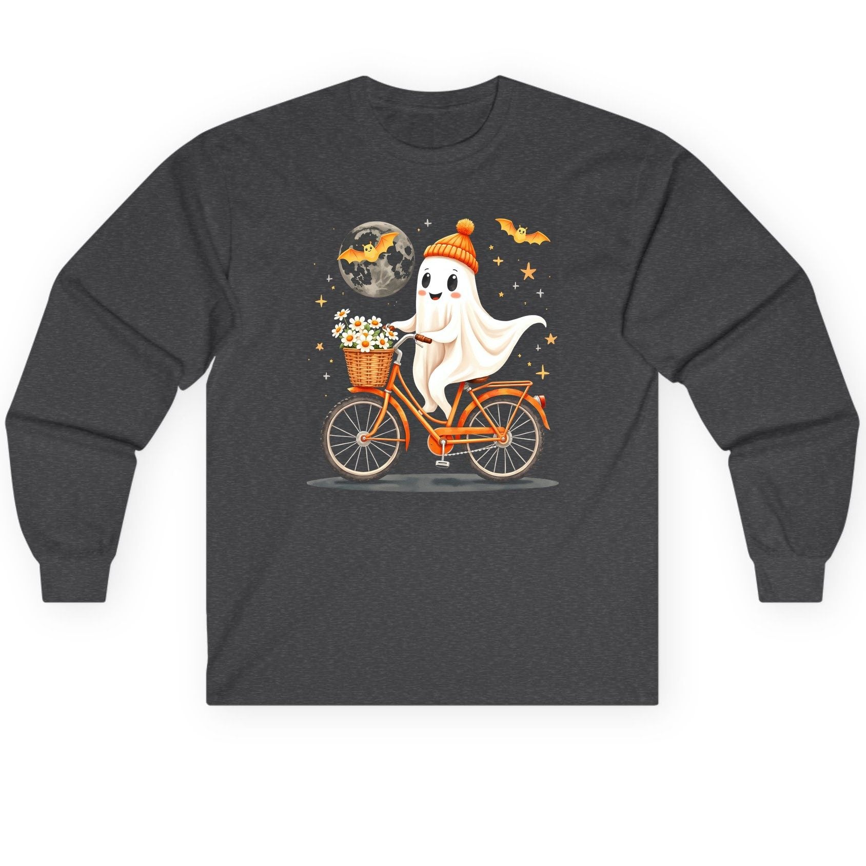 Cute Ghost on Bicycle cute ghost Long Sleeve Tee Dark Heather product mockup