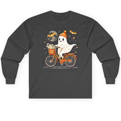 Cute Ghost on Bicycle cute ghost Long Sleeve Tee Dark Heather product mockup