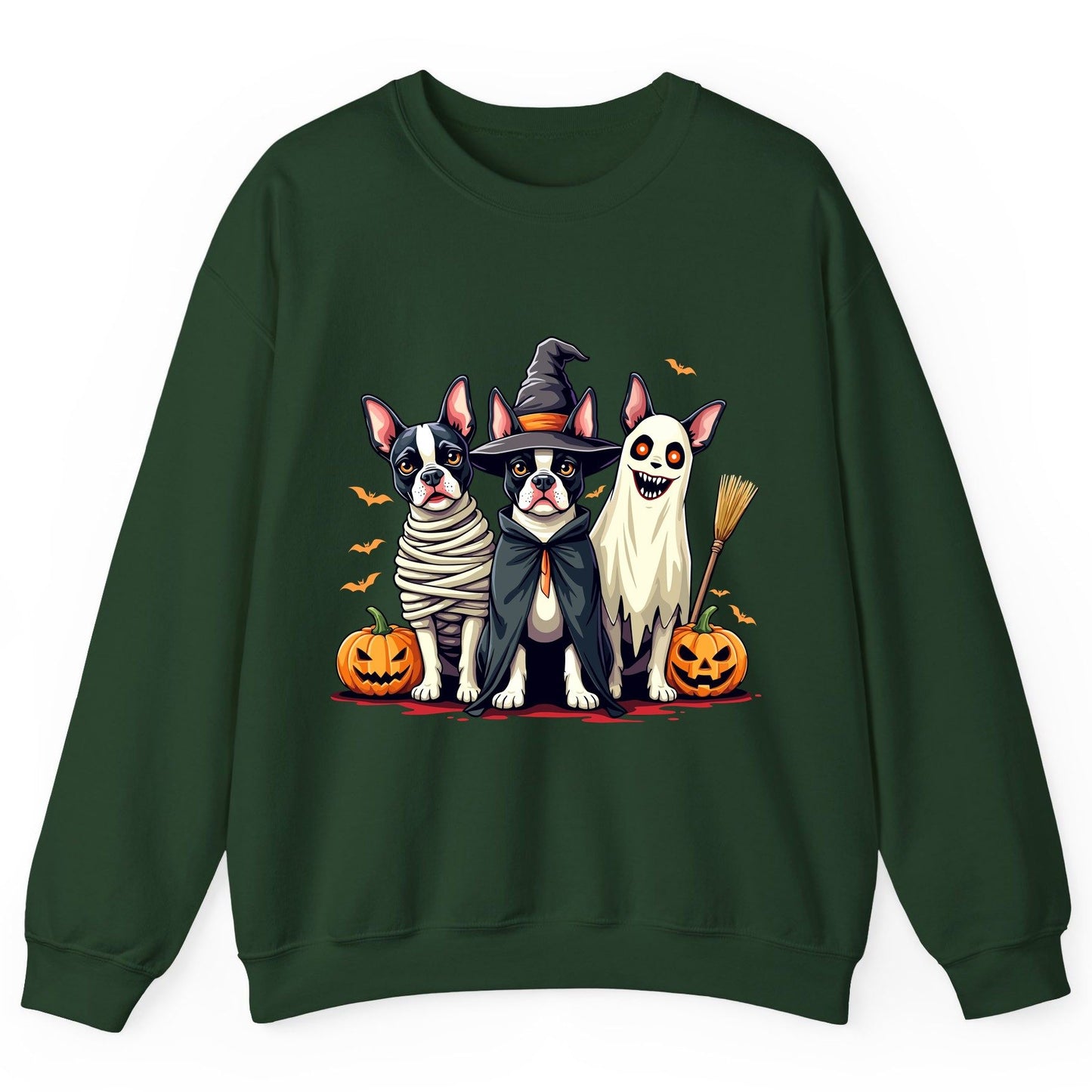Halloween Boston Terrier Trio boston terrier Sweatshirt Forest Green product mockup