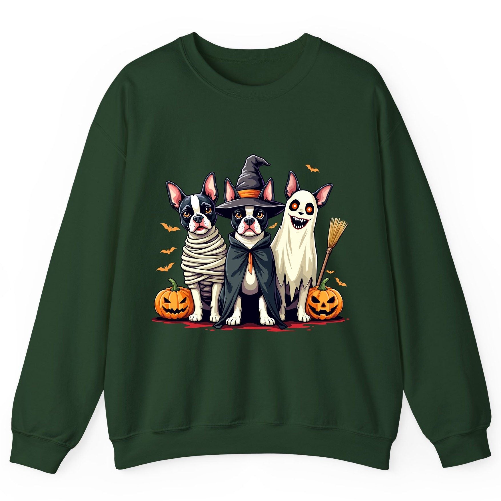 Halloween Boston Terrier Trio boston terrier Sweatshirt Forest Green product mockup
