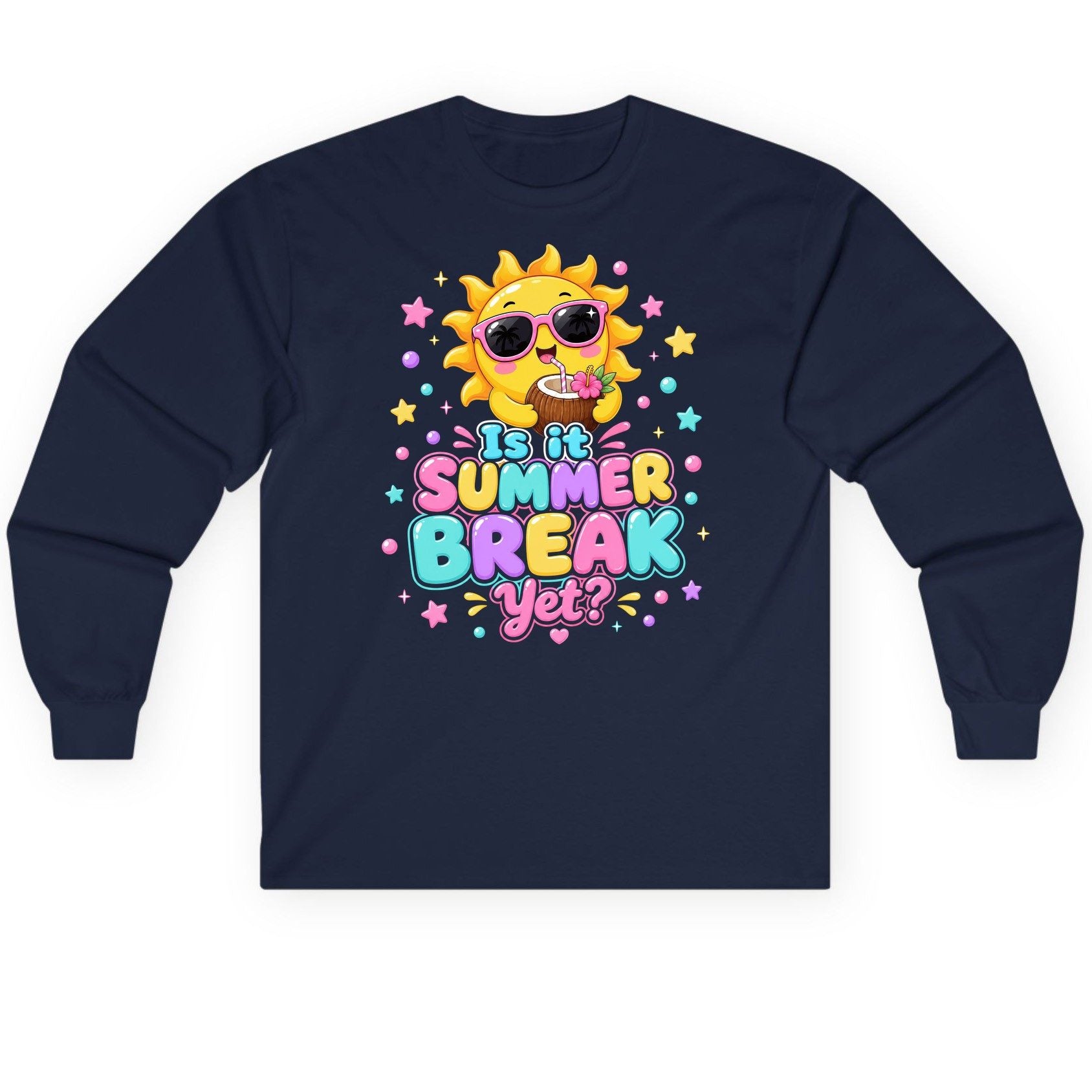 Is It SUMMER BREAK Yet Funny Vacation Long Sleeve Tee - product mockup - Navy