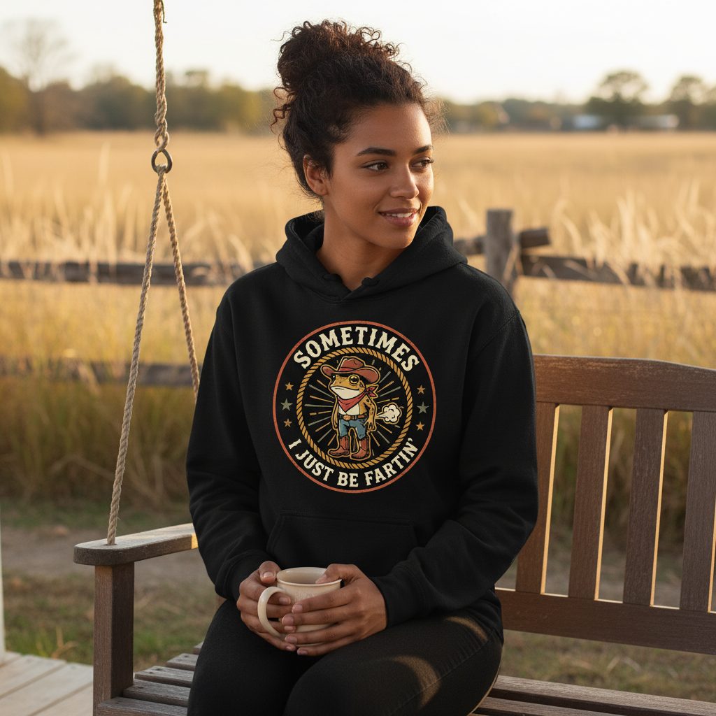 Sometimes I Just Be Fartin' cowboy frog Hoodie Black lifestyle mockup