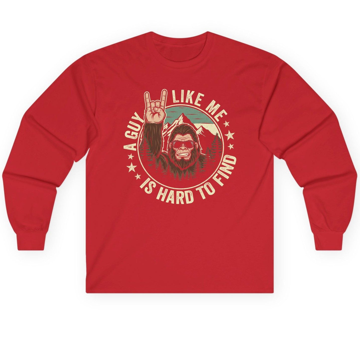 A Guy Like Me Is Hard to Find bigfoot Long Sleeve Tee Red product mockup