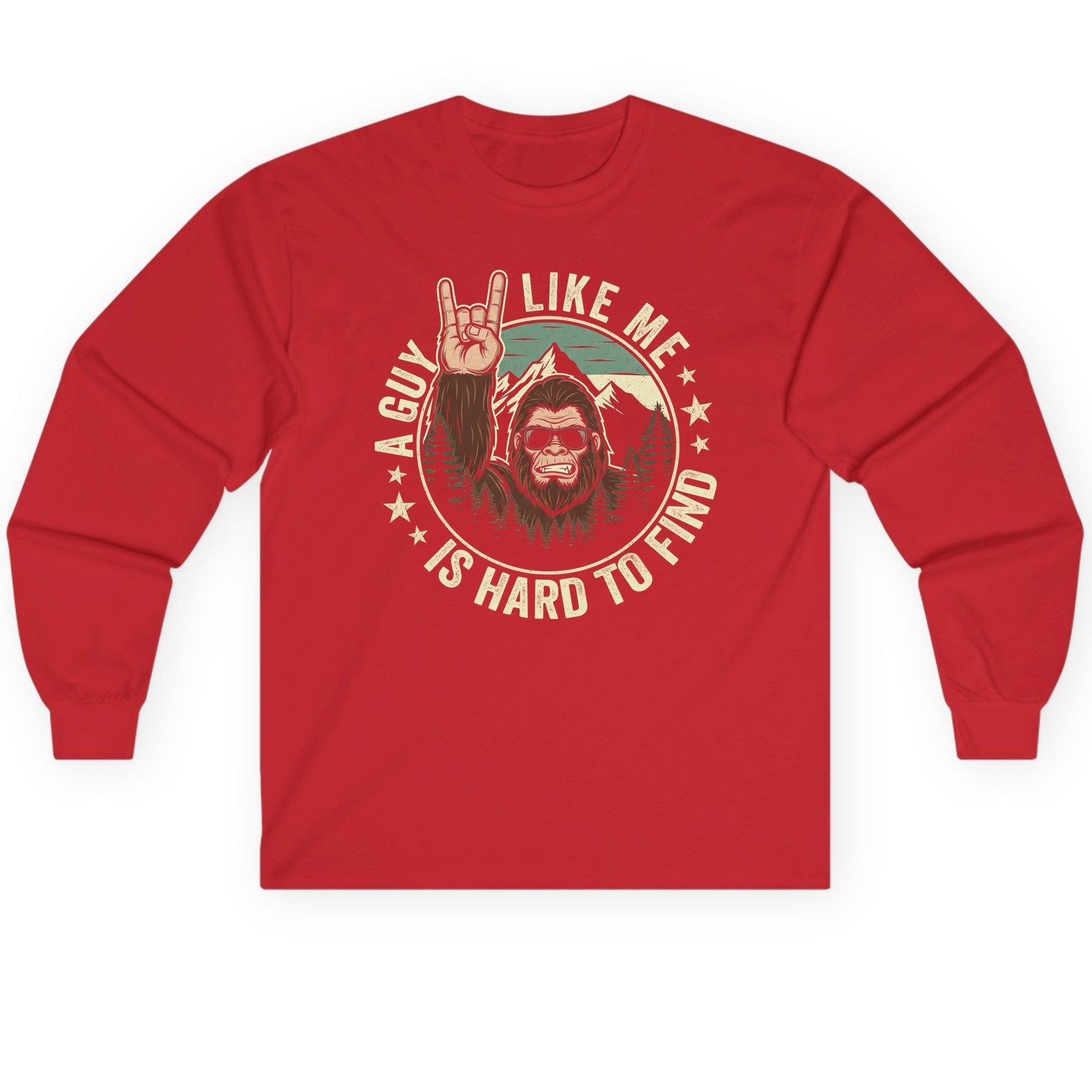 A Guy Like Me Is Hard to Find bigfoot Long Sleeve Tee Red product mockup