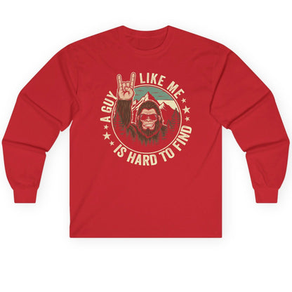 A Guy Like Me Is Hard to Find bigfoot Long Sleeve Tee Red product mockup