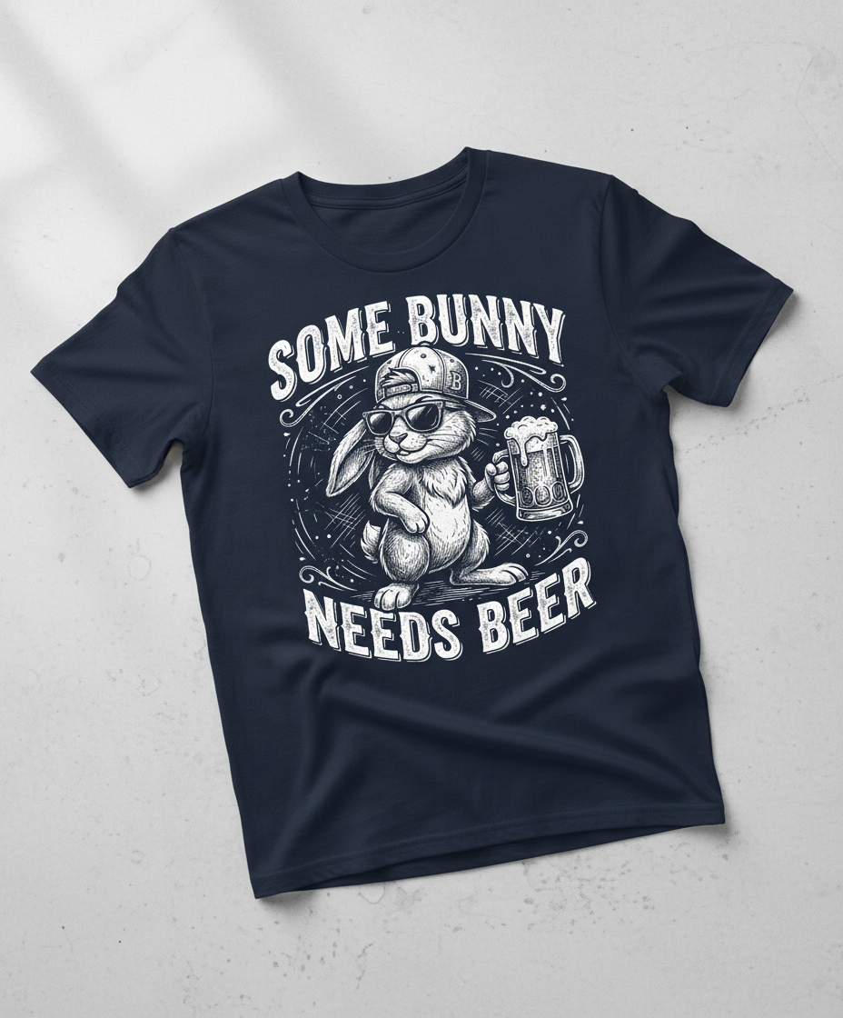 Some Bunny Needs Beer Funny Rabbit Drinking Design T-Shirt - Navy