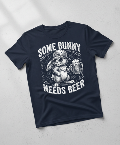 Some Bunny Needs Beer Funny Rabbit Drinking Design T-Shirt - Navy