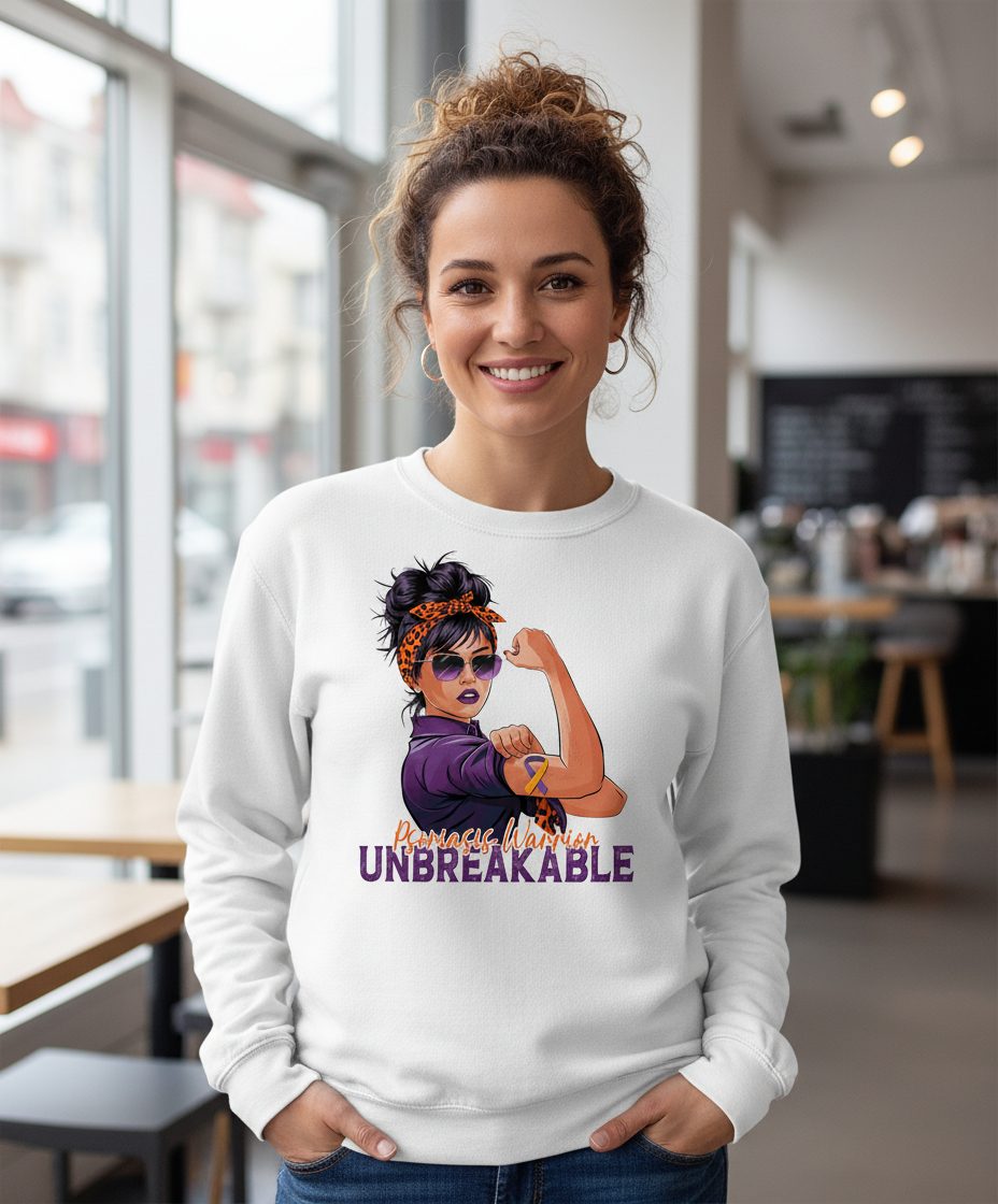 Psoriasis Warrior Unbreakable psoriasis awareness Sweatshirt White lifestyle mockup