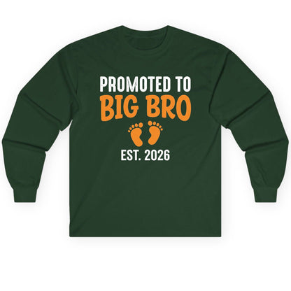 Promoted TO BIG BRO EST 2026 Pregnancy Announcement Long Sleeve Tee - product mockup - Forest Green