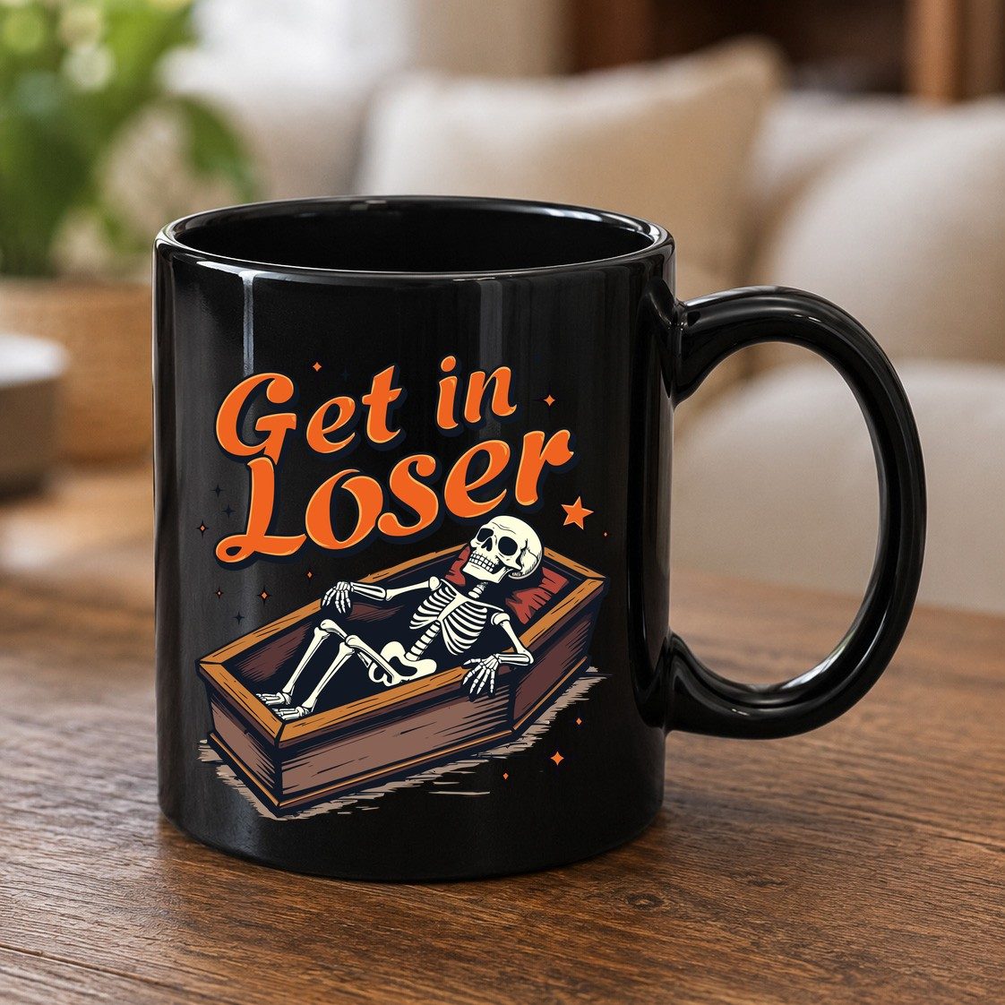 Get in Loser skeleton in coffin Black Mug Black product mockup