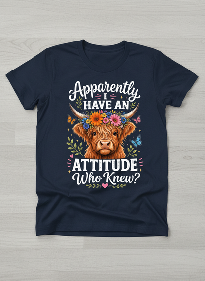 Apparently I Have An Attitude Highland Cow Floral Crown T-Shirt - Navy