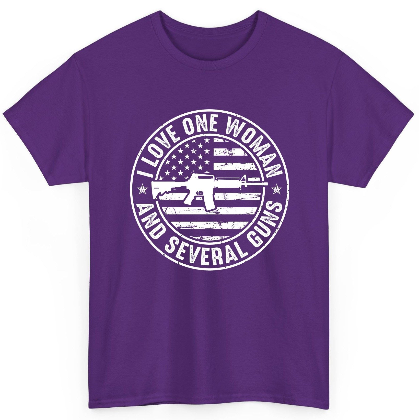 I LOVE ONE WOMAN AND Several GUNS Funny Gun Owners T-Shirt - product mockup - Purple