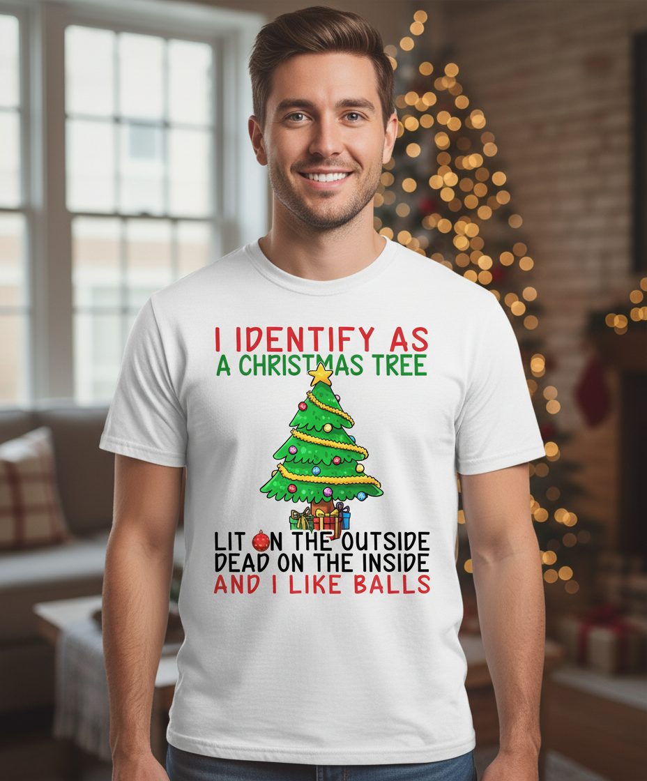 I Identify as a Christmas Tree and I Like Balls Christmas humor T-Shirt White lifestyle mockup