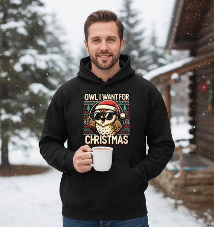 Owl I Want for Christmas Christmas owl Hoodie Black lifestyle mockup