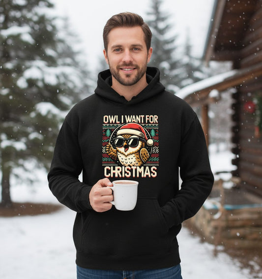 Owl I Want for Christmas Christmas owl Hoodie Black lifestyle mockup