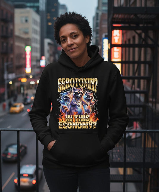 Serotonin in This Economy? raccoon Hoodie Black lifestyle mockup