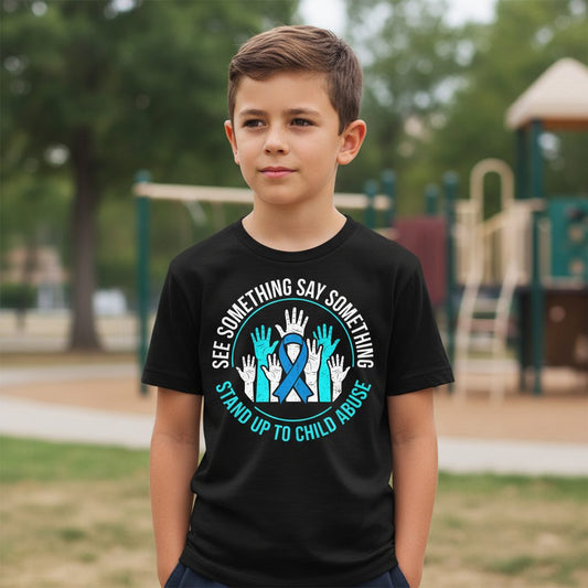 See Something Say Something Stand Up to Child Abuse Youth T-Shirt - lifestyle model mockup - Black