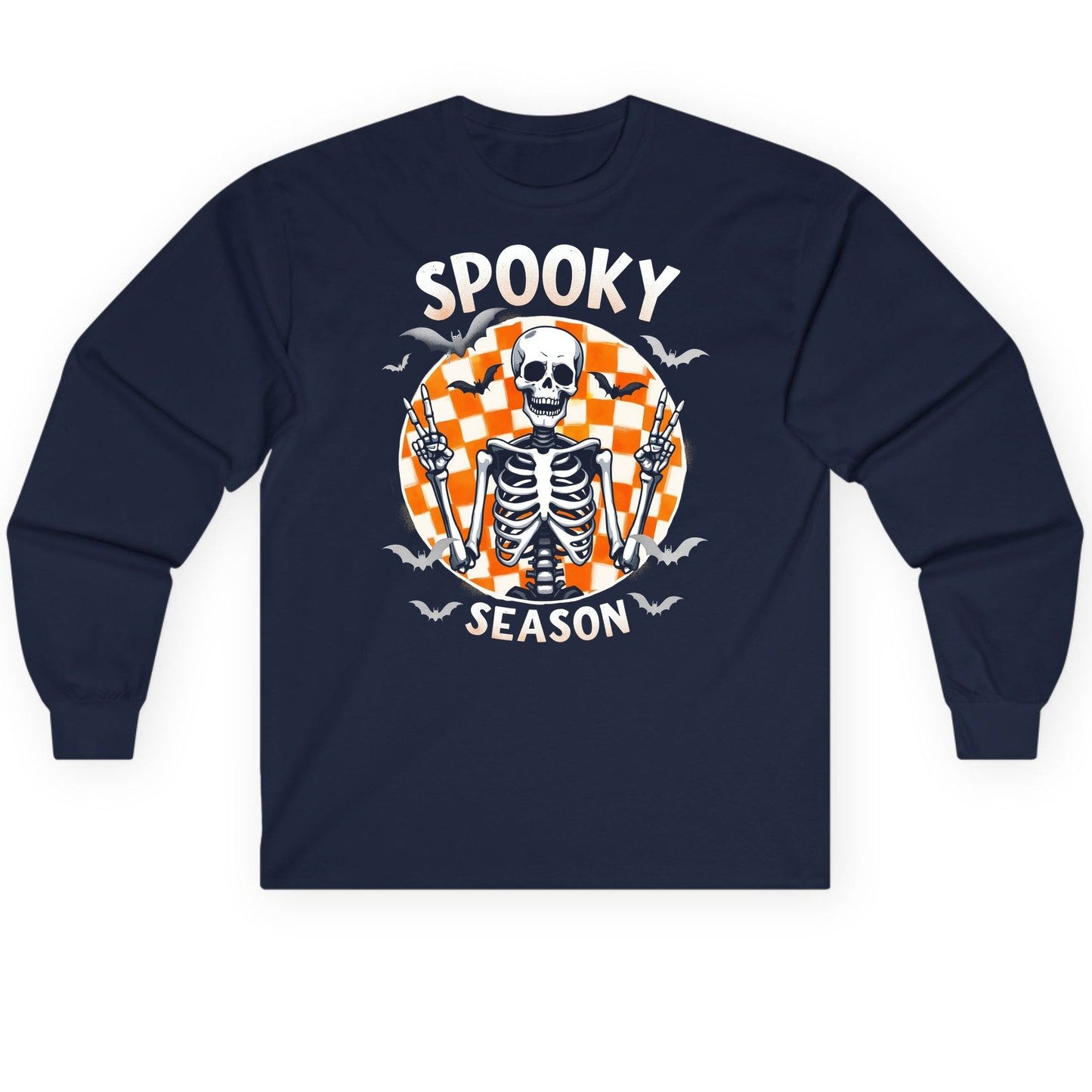 Spooky Season Halloween skeleton Long Sleeve Tee Navy product mockup