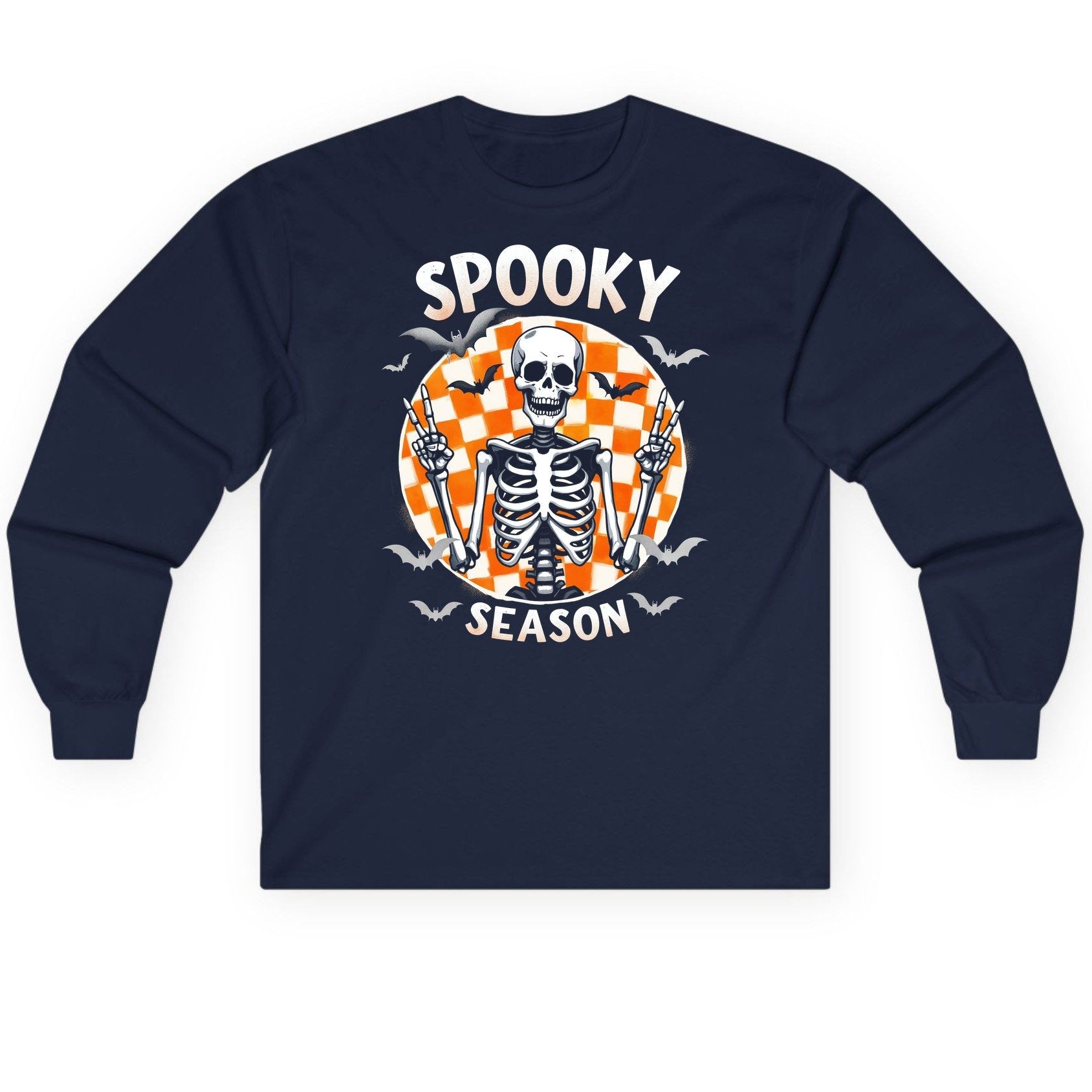 Spooky Season Halloween skeleton Long Sleeve Tee Navy product mockup