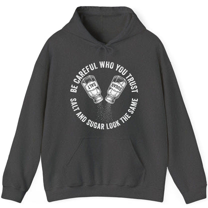 BE Careful WHO YOU TRUST SALT AND SUGAR LOOK THE SAME Hoodie - product mockup - Dark Heather