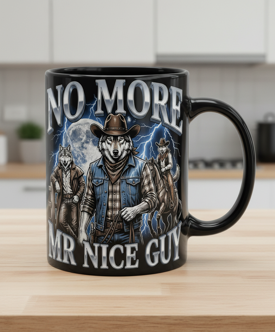 No More Mr Nice Guy Cowboy Wolf Black Mug - product mockup - Black