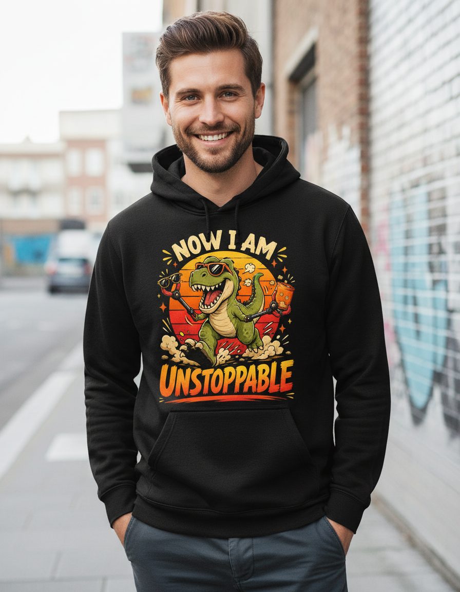 Now I Am Unstoppable Funny T-Rex Dinosaur Hoodie - lifestyle model mockup - Black