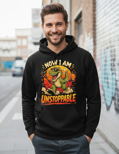 Now I Am Unstoppable Funny T-Rex Dinosaur Hoodie - lifestyle model mockup - Black