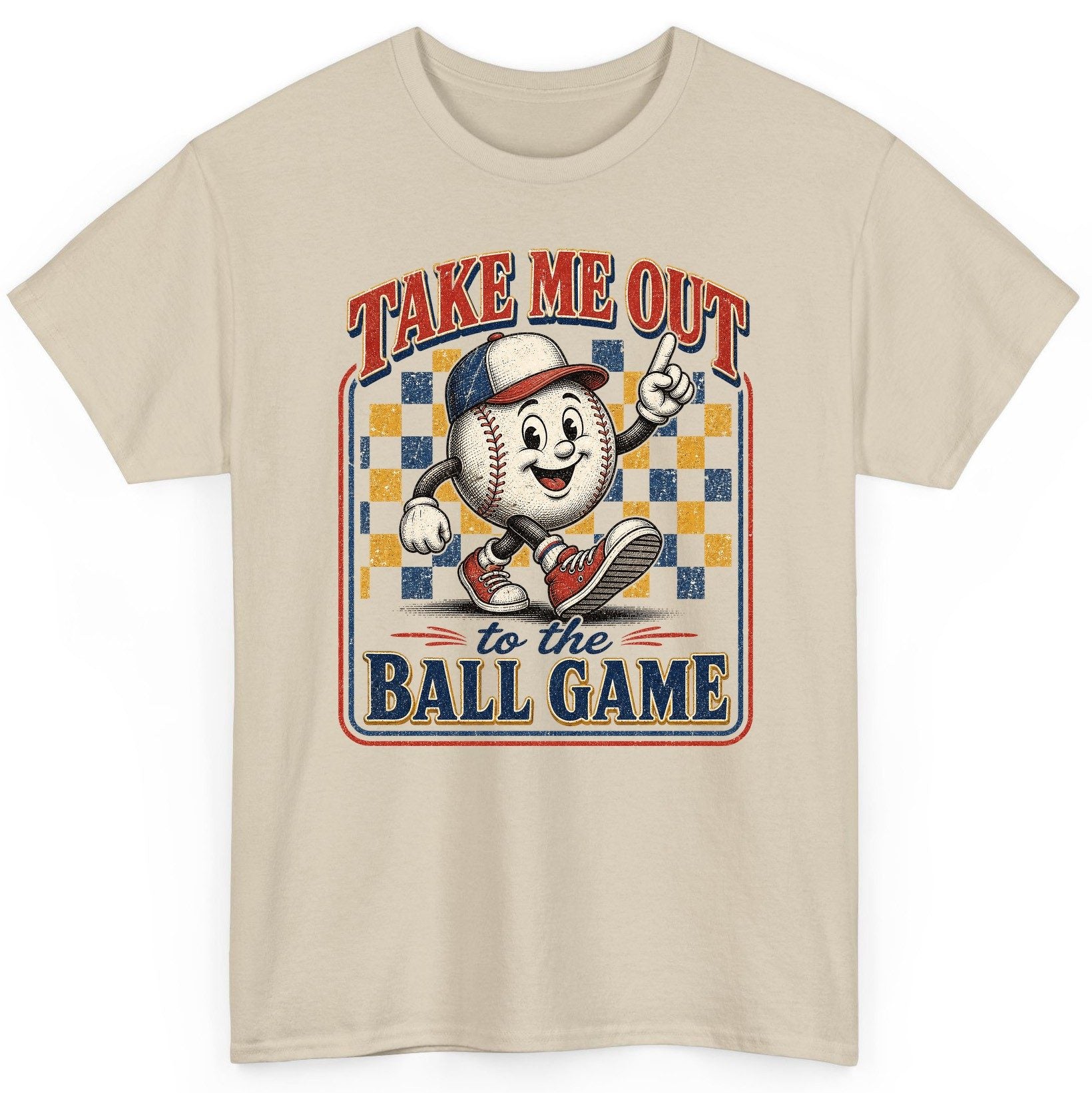 Take Me Out to the Ball Game Retro Baseball T-Shirt - product mockup - Sand