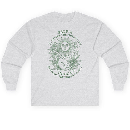 SATIVA TO CHANGE THE THINGS I CAN INDICA TO ACCEPT Long Sleeve Tee - product mockup - Ash