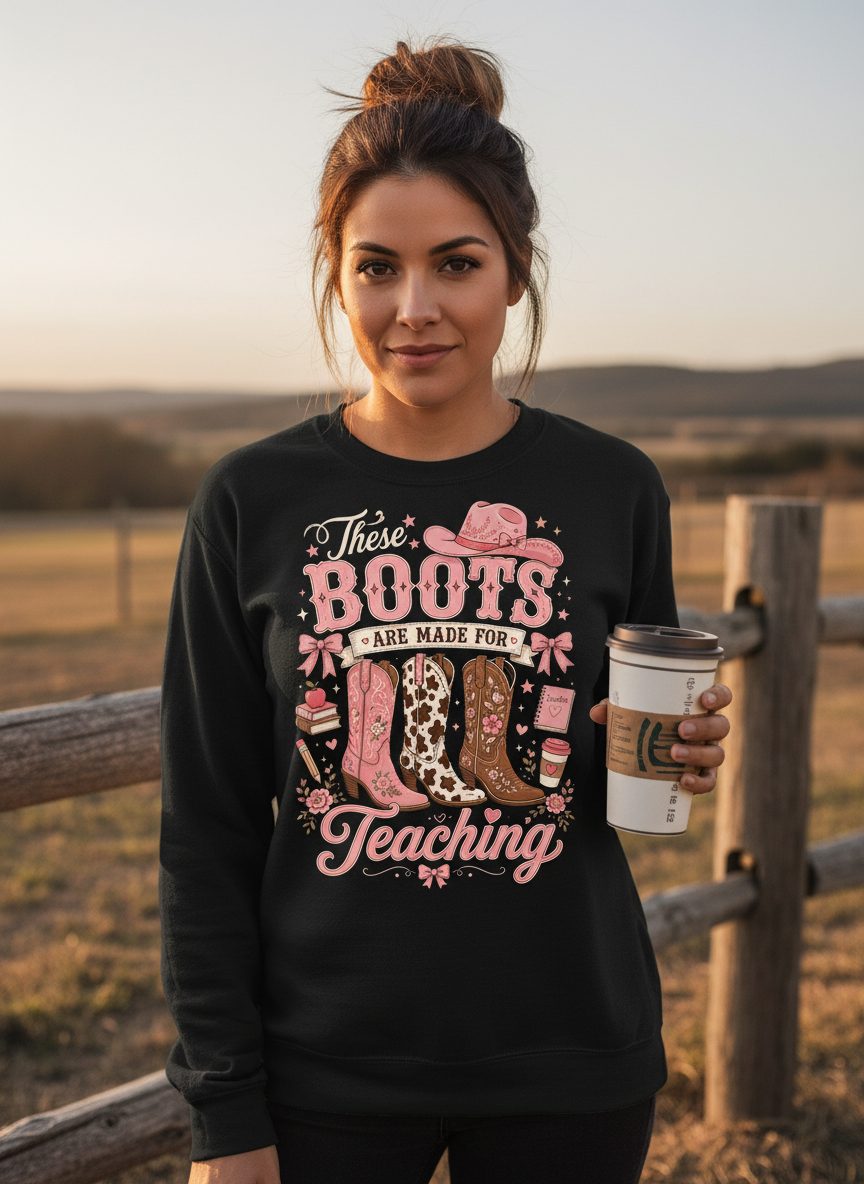 These Boots Are Made for Teaching Teacher Sweatshirt - lifestyle model mockup - Black