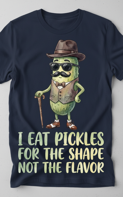 Funny Dapper Pickle 'I Eat Pickles For The Shape' Quote T-Shirt - Navy