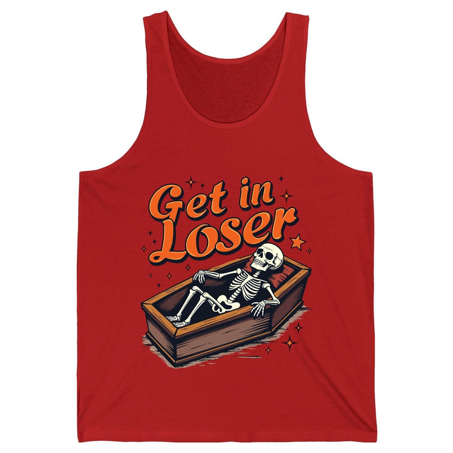 Get in Loser skeleton in coffin Tank Top Red product mockup
