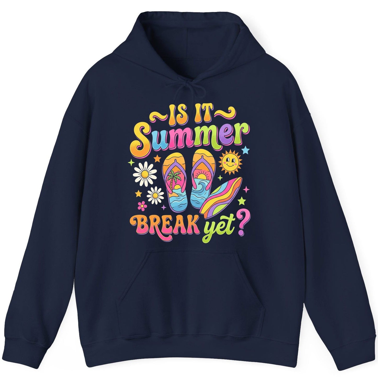 Is It Summer Break Yet Retro Vacation Hoodie - product mockup - Navy