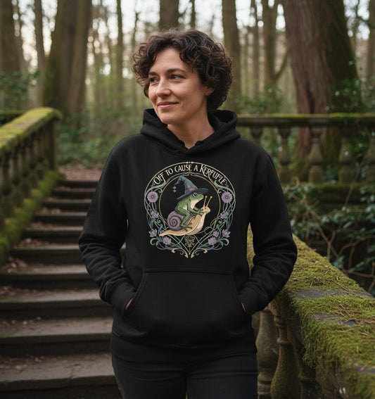 Off to Cause a Kerfuffle frog riding a snail Hoodie Black lifestyle mockup