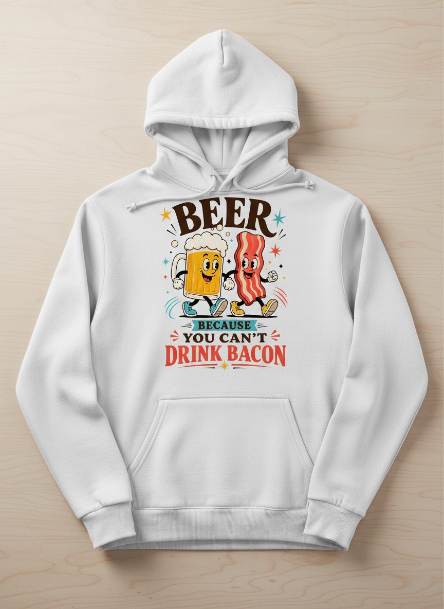 You Can't Drink Bacon Beer and Funny Lovers Hoodie - product mockup - White
