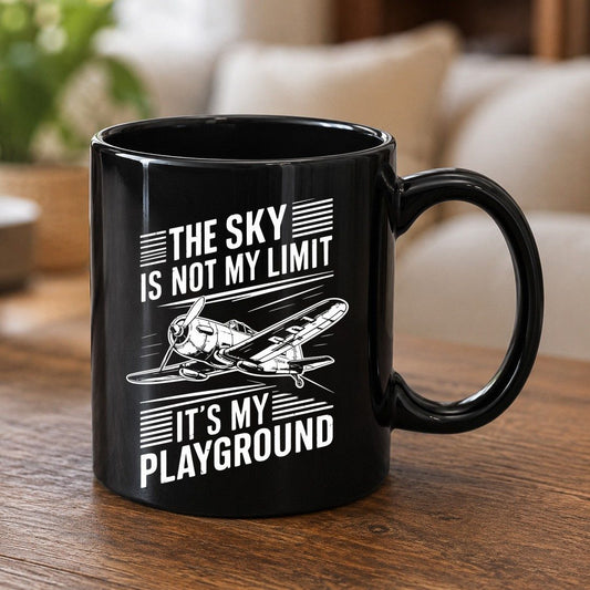The Sky Is Not My Limit It's My Playground vintage airplane Black Mug Black product mockup