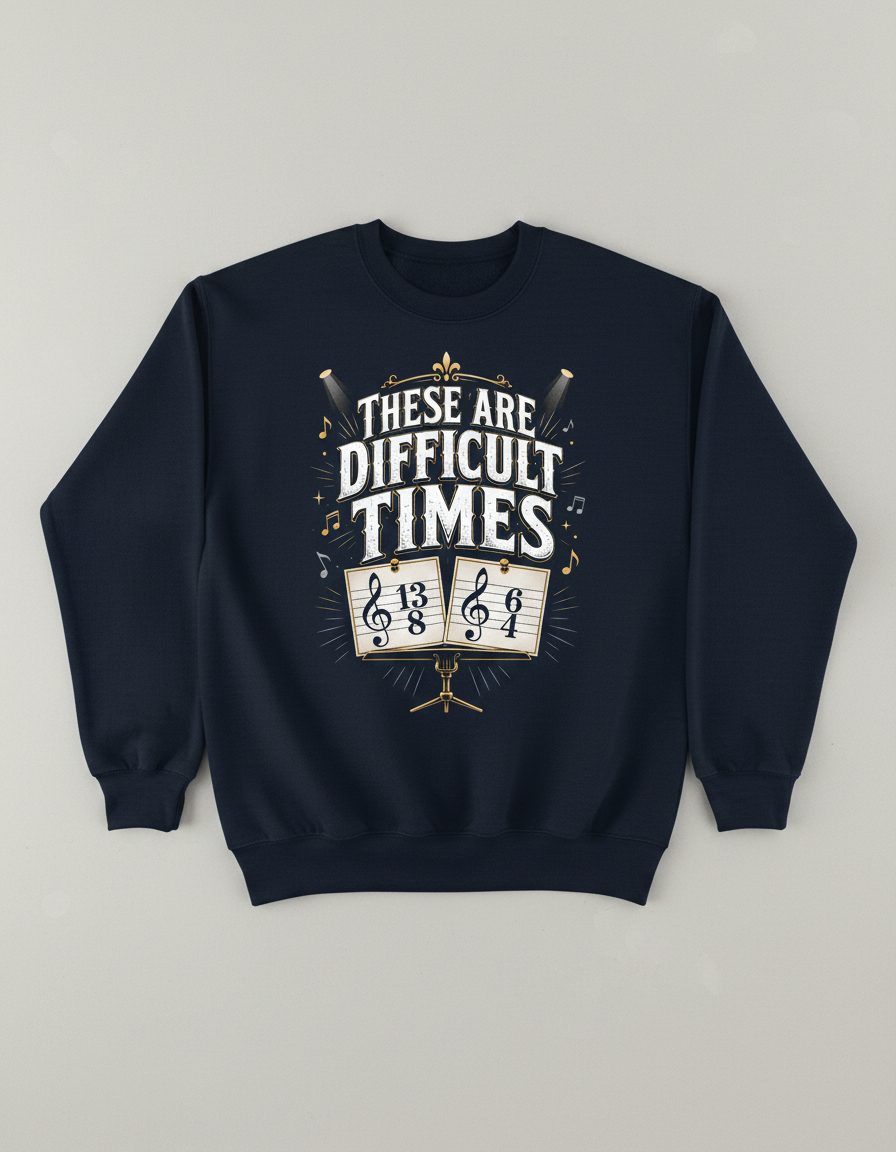 THESE ARE Difficult TIMES Funny Music Humor Sweatshirt - product mockup - Navy