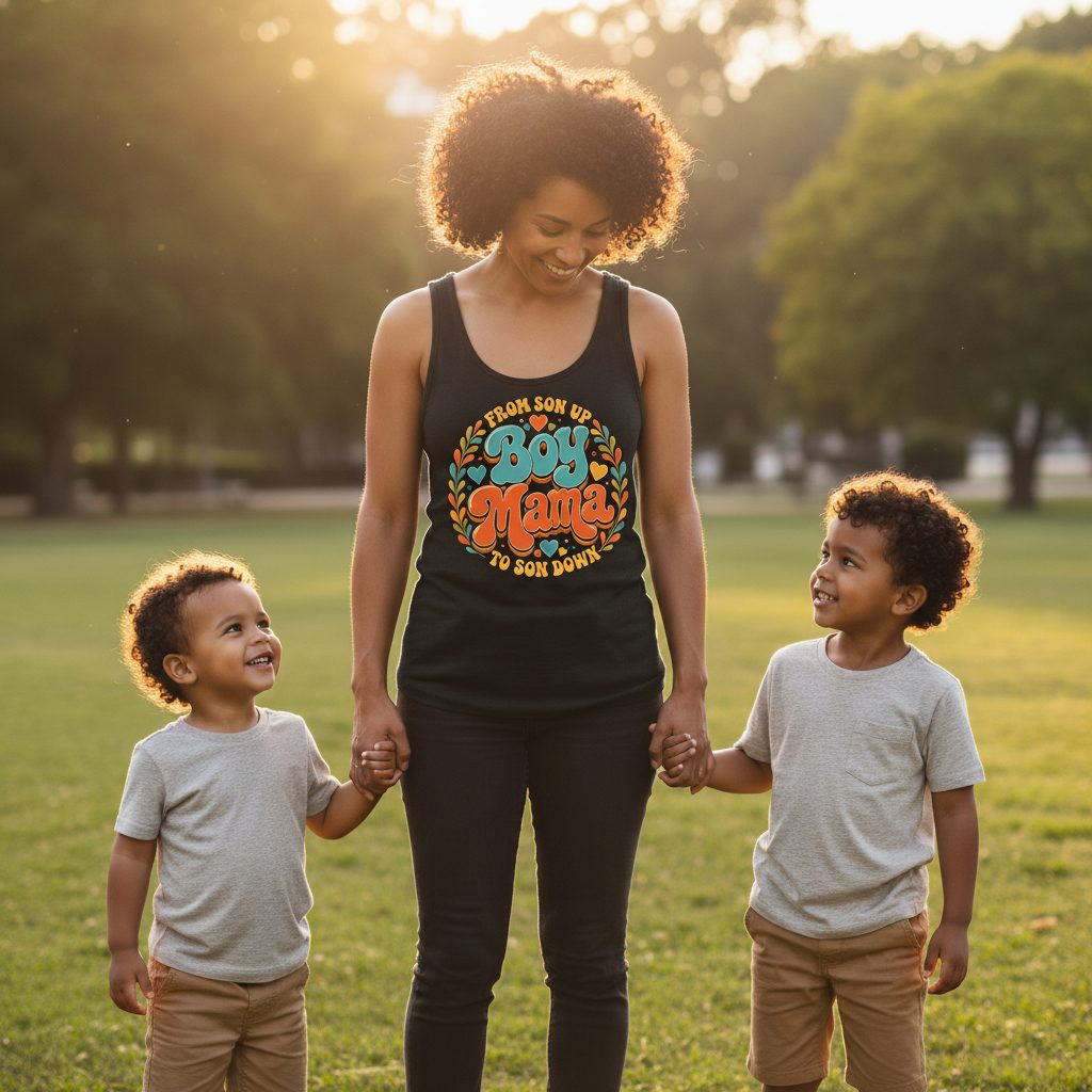 From Son Up to Son Down Boy Mama Retro Mothers of Sons Tank Top - lifestyle model mockup - Black