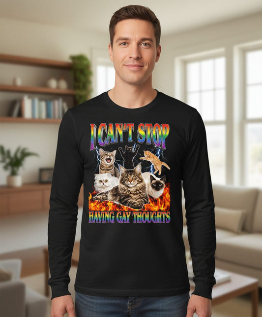 I Can't Stop Having Gay Thoughts cats Long Sleeve Tee Black lifestyle mockup
