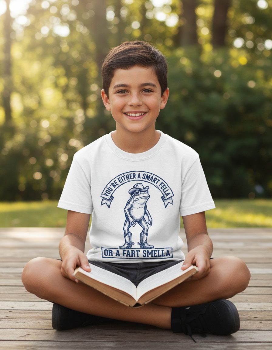 You're Either a Smart Fella or a Fart Smella cowboy frog Youth T-Shirt White lifestyle mockup