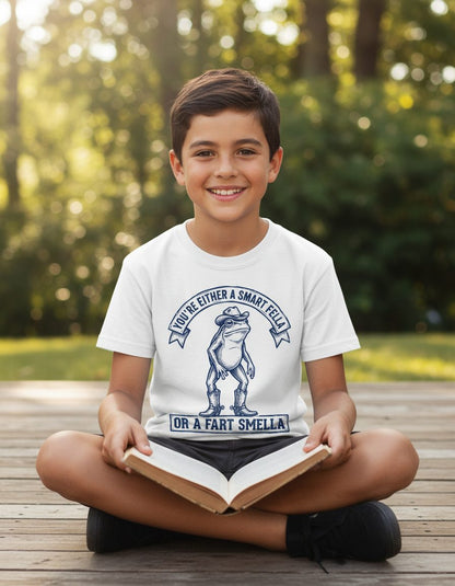 You're Either a Smart Fella or a Fart Smella cowboy frog Youth T-Shirt White lifestyle mockup