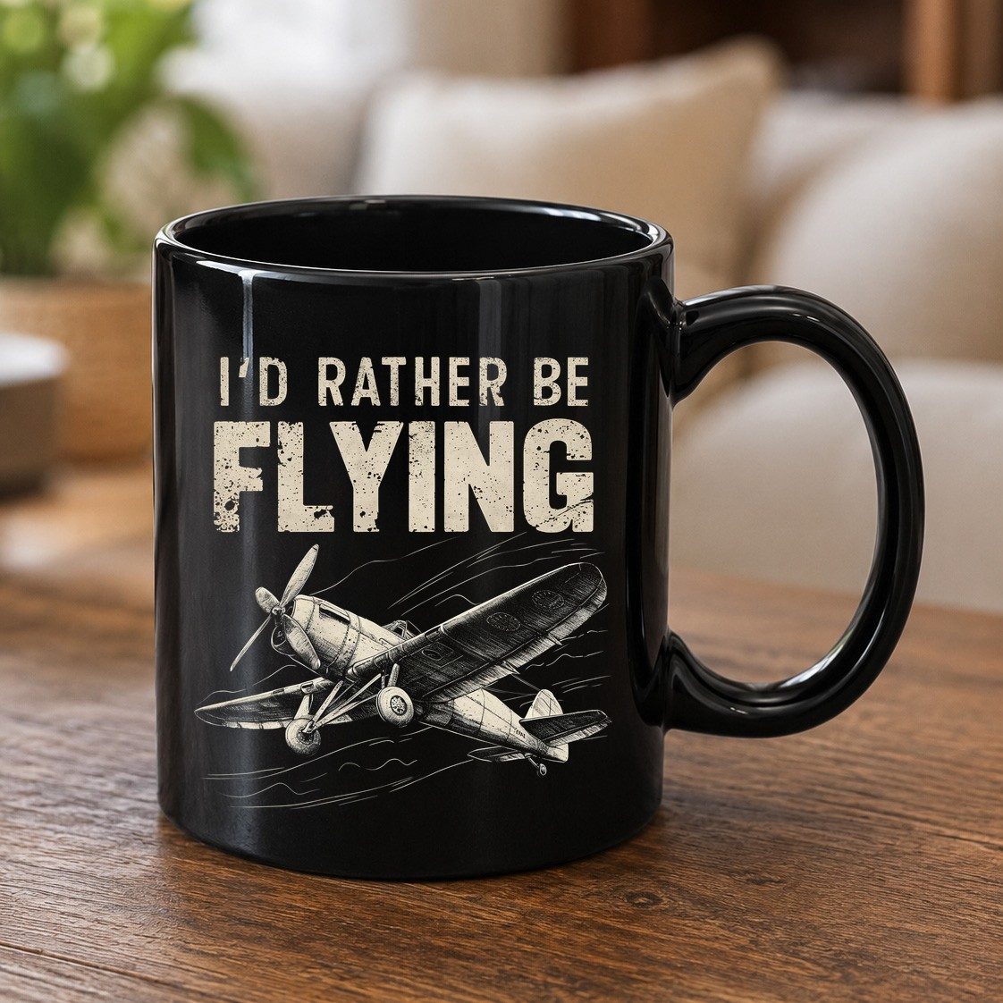 I'd Rather Be Flying vintage propeller plane Black Mug Black product mockup