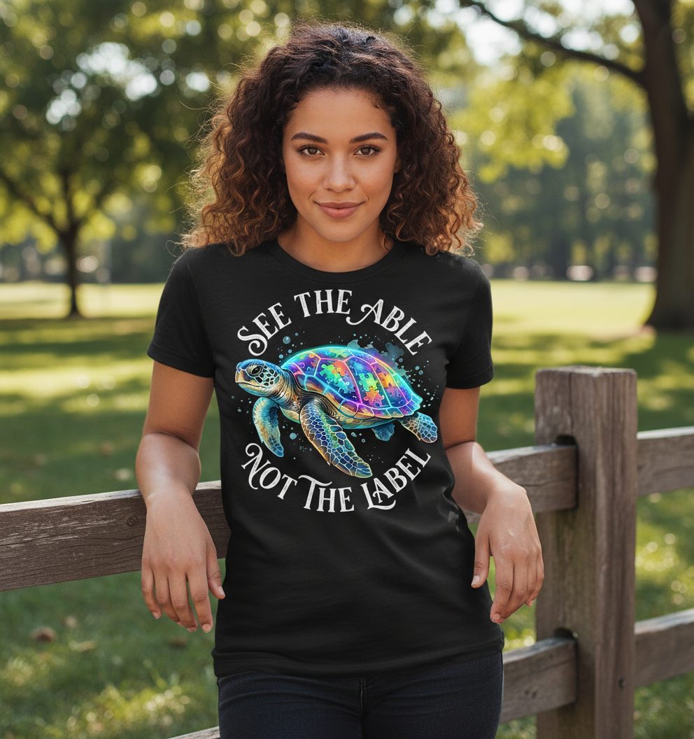 See the Able Not the Label Autism Awareness T-Shirt - lifestyle model mockup - Black