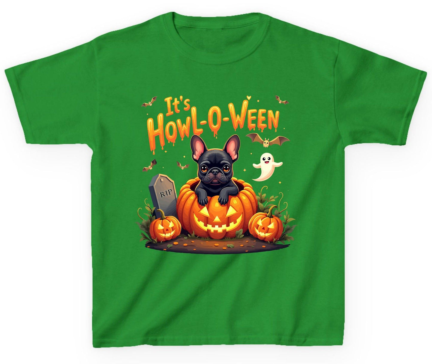 It's Howl-O-Ween french bulldog Youth T-Shirt Irish Green product mockup