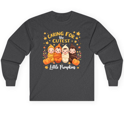 Caring for the Cutest Little Pumpkins swaddled babies Long Sleeve Tee Dark Heather product mockup