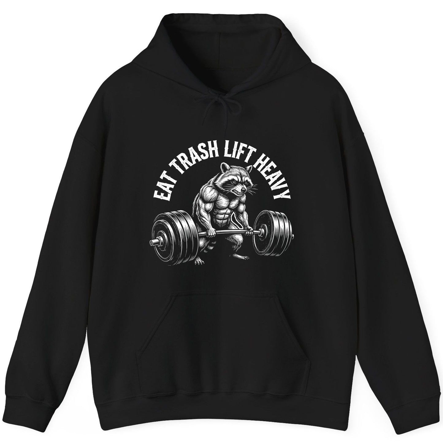 Eat Trash Lift Heavy raccoon Hoodie Black product mockup