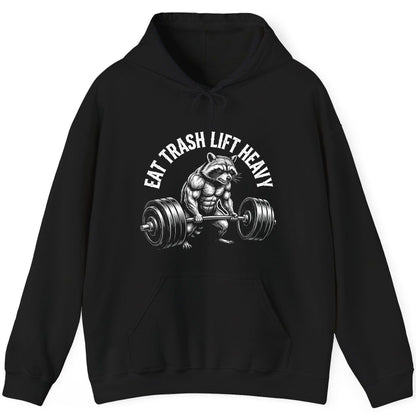 Eat Trash Lift Heavy raccoon Hoodie Black product mockup