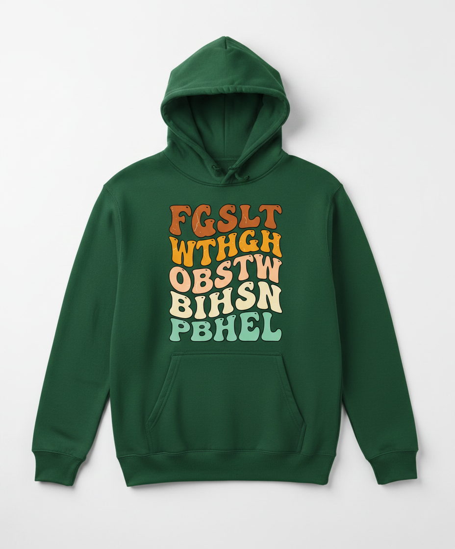 Retro 70s Groovy Wavy Alphabet Design Hoodie - Forest Green