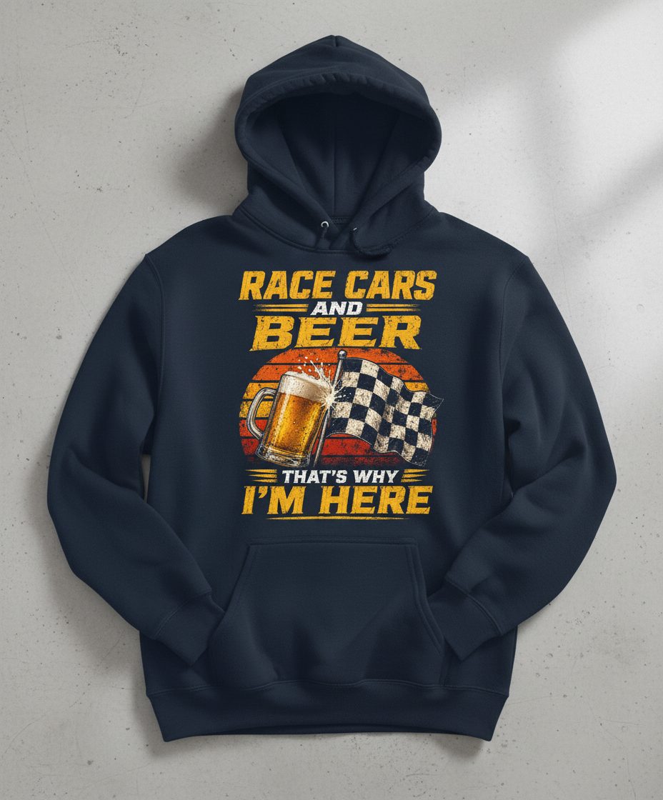 Race Cars and Beer That's Why I'm Here Funny Racing Hoodie - product mockup - Navy