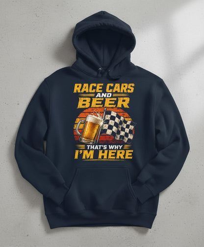 Race Cars and Beer That's Why I'm Here Funny Racing Hoodie - product mockup - Navy